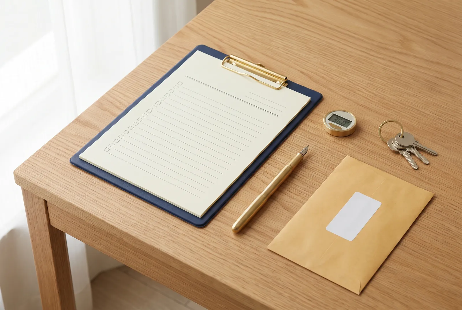 A clipboard with a blank custody form, a pen, a temperature display and keys